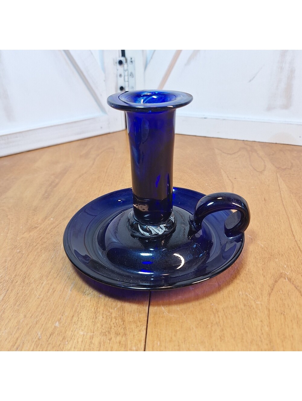 Vintage Colbalt Blue Hand Blown Glass Candle Stick Holder With Finger Loop 4.5"